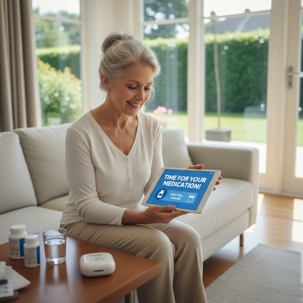 Starsza osoba z tabletem, na którym wyświetla się powiadomienie o leku, w nowoczesnym wnętrzu domowym