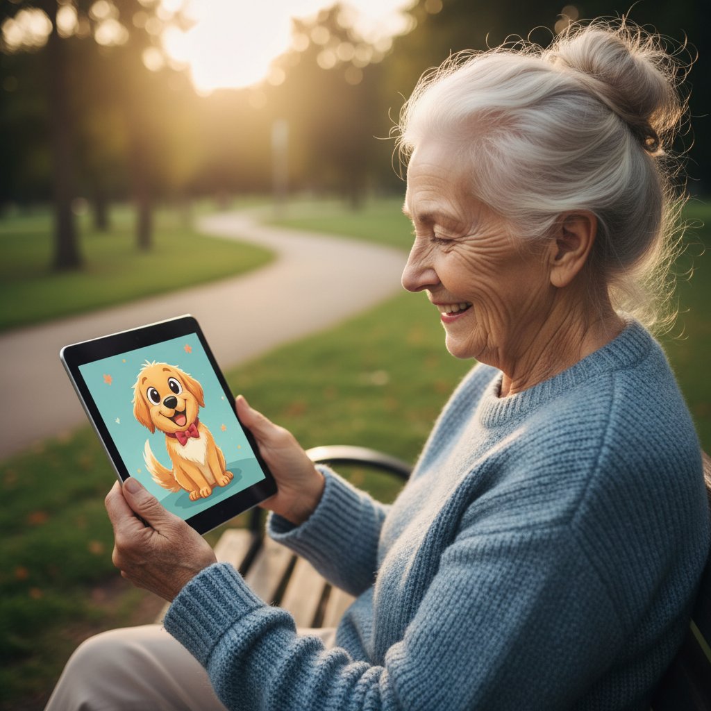 Starsza osoba korzystająca z tabletu z pieskiem online, uśmiech