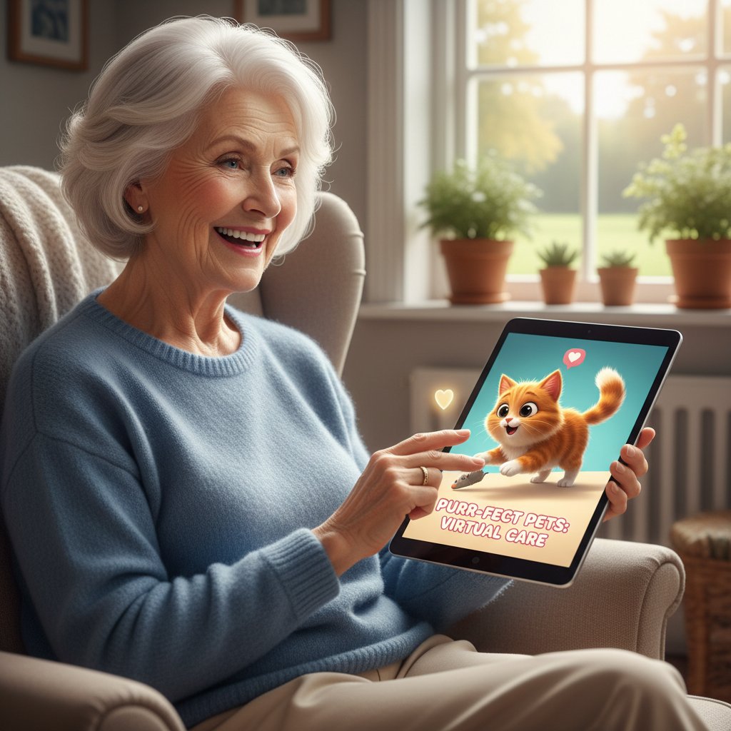 Starsza osoba na kanapie z tabletem, uśmiechnięta, wirtualny kotek na ekranie, symulator opieki nad zwierzętami domowymi