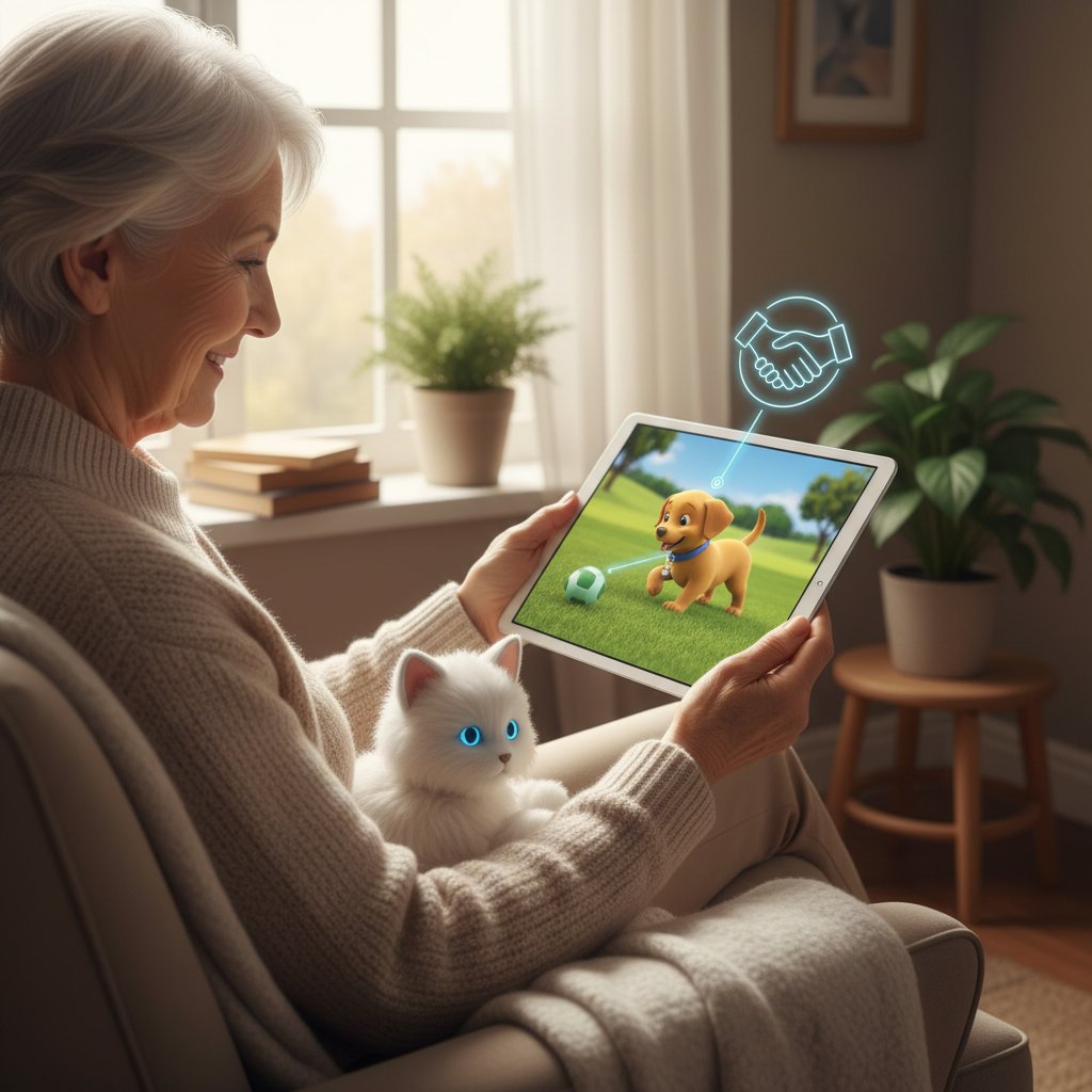 Senior trzymający tablet z wyświetlonym wirtualnym psem, pies online dla seniorów