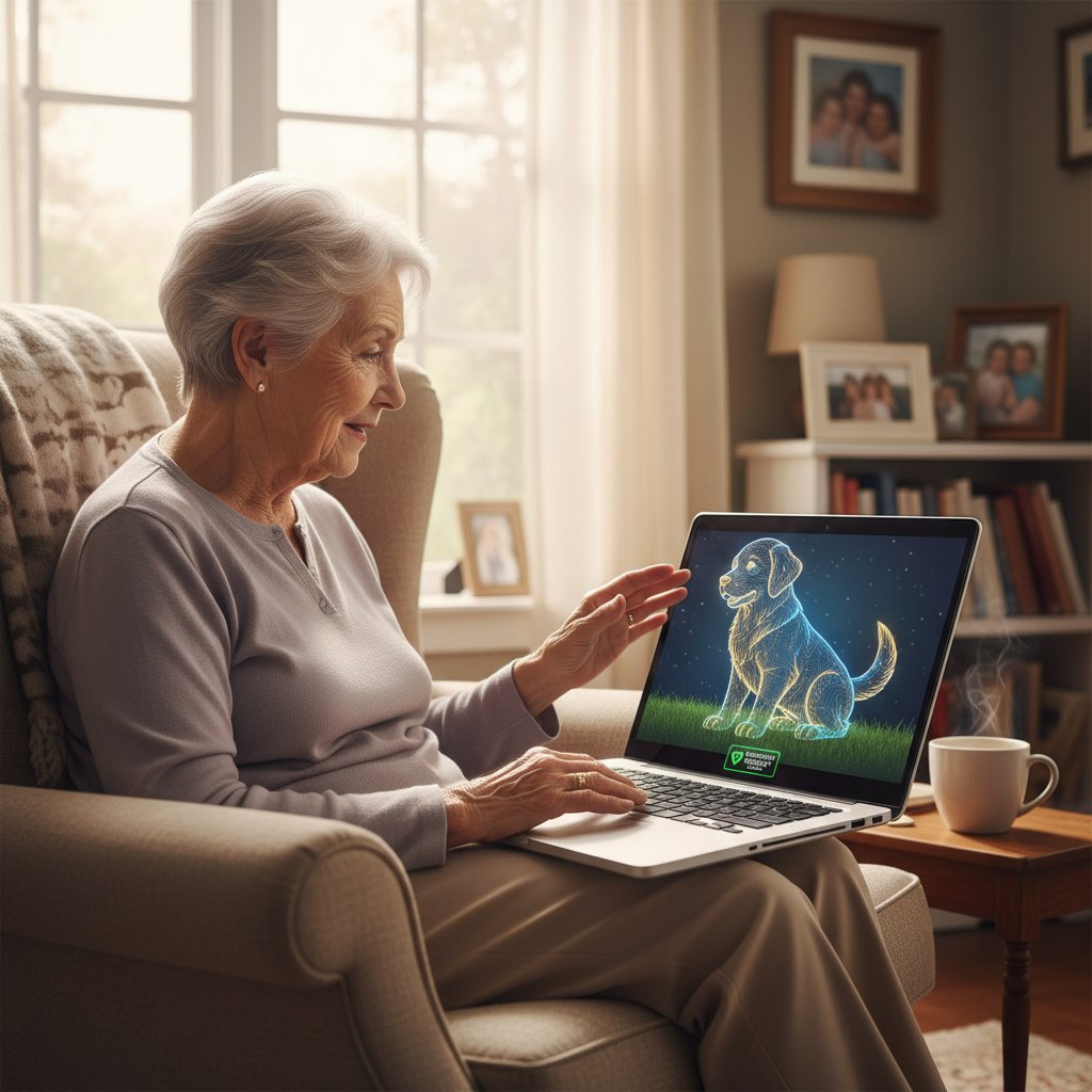 Senior rozmawiający z wirtualnym psem na ekranie laptopa, słowa kluczowe: wsparcie emocjonalne, etyka, zabawa z psem online