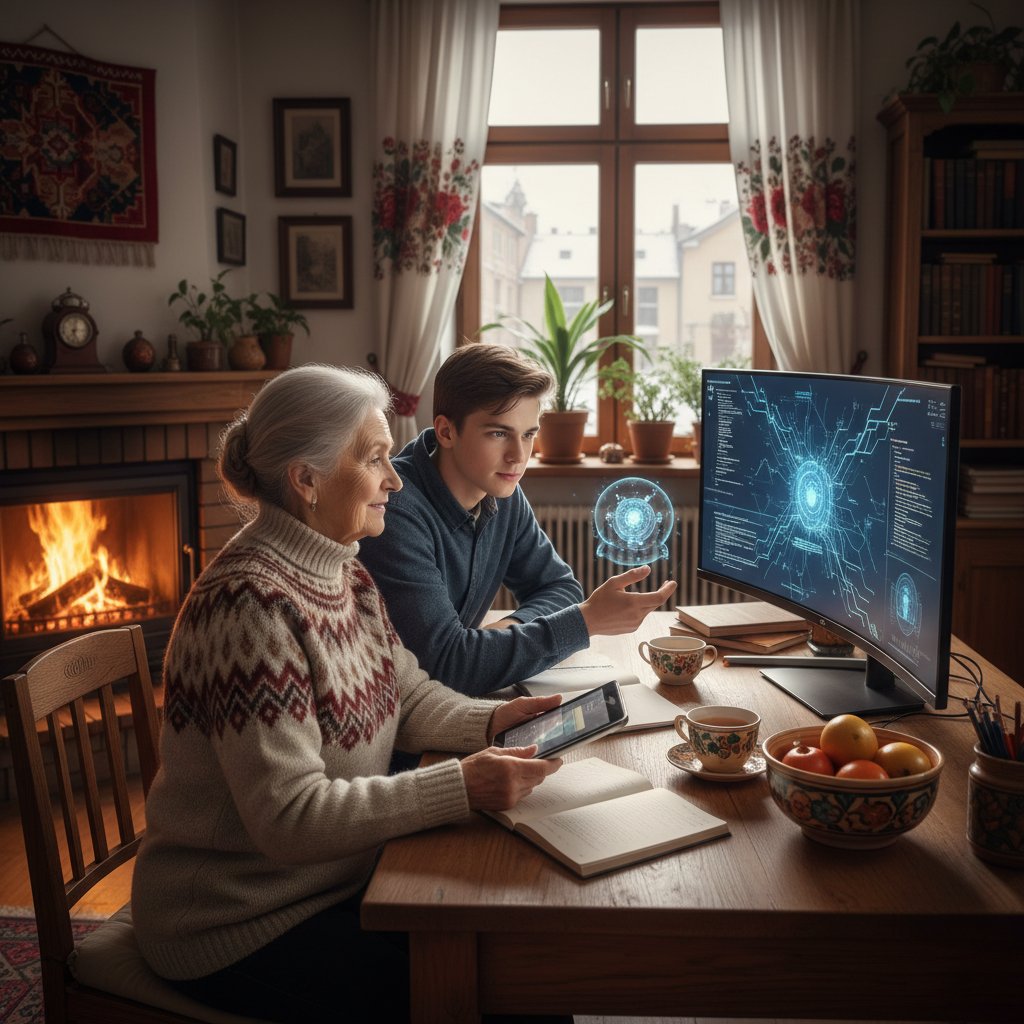 Senior, nauczyciel i student korzystający z AI, różne urządzenia, polskie wnętrze