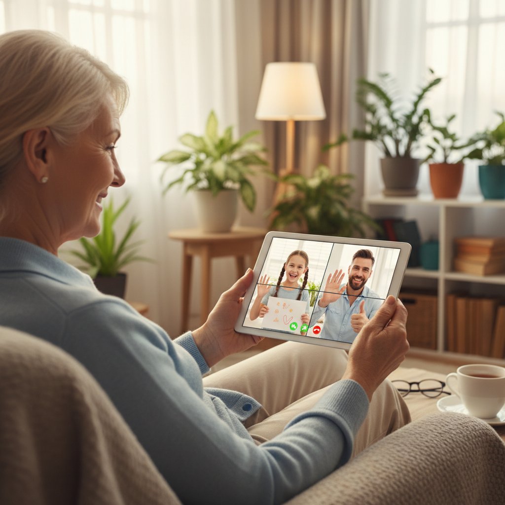 Senior z laptopem podczas wideo rozmowy, rozmowy online dla samotnych, bezpieczeństwo cyfrowe