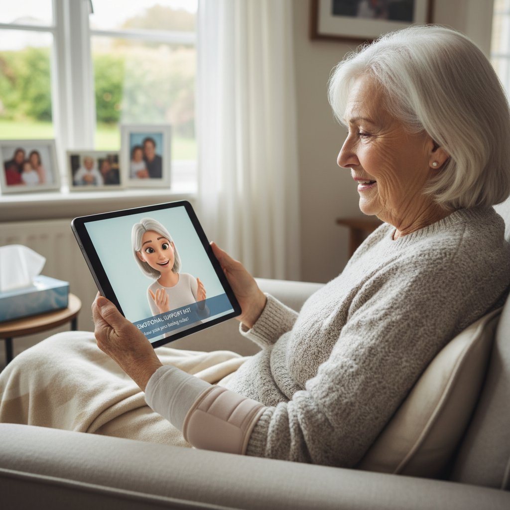 Senior rozmawiający z bliską osobą przez wideochat na tablecie po operacji