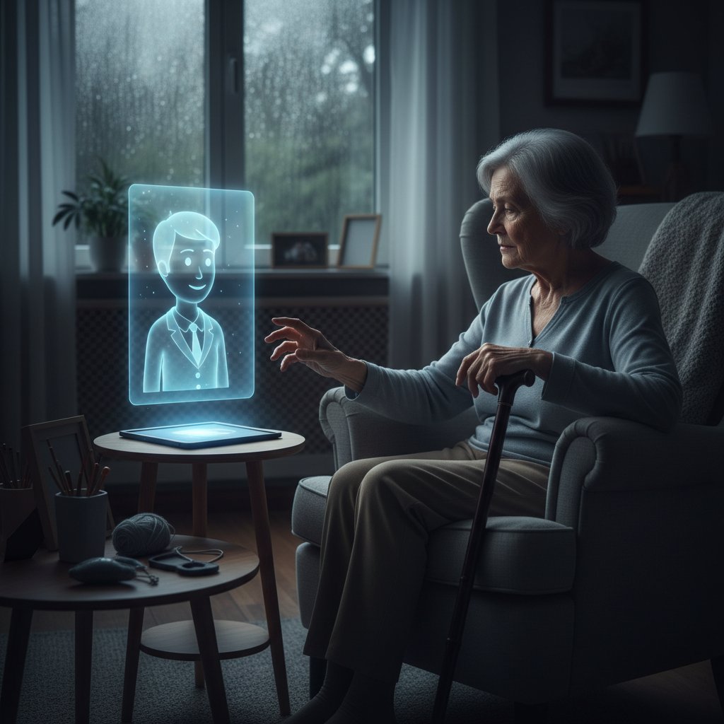 Senior rozmawiający z wirtualnym asystentem AI w domu, samotność a AI, słowa kluczowe AI samotność