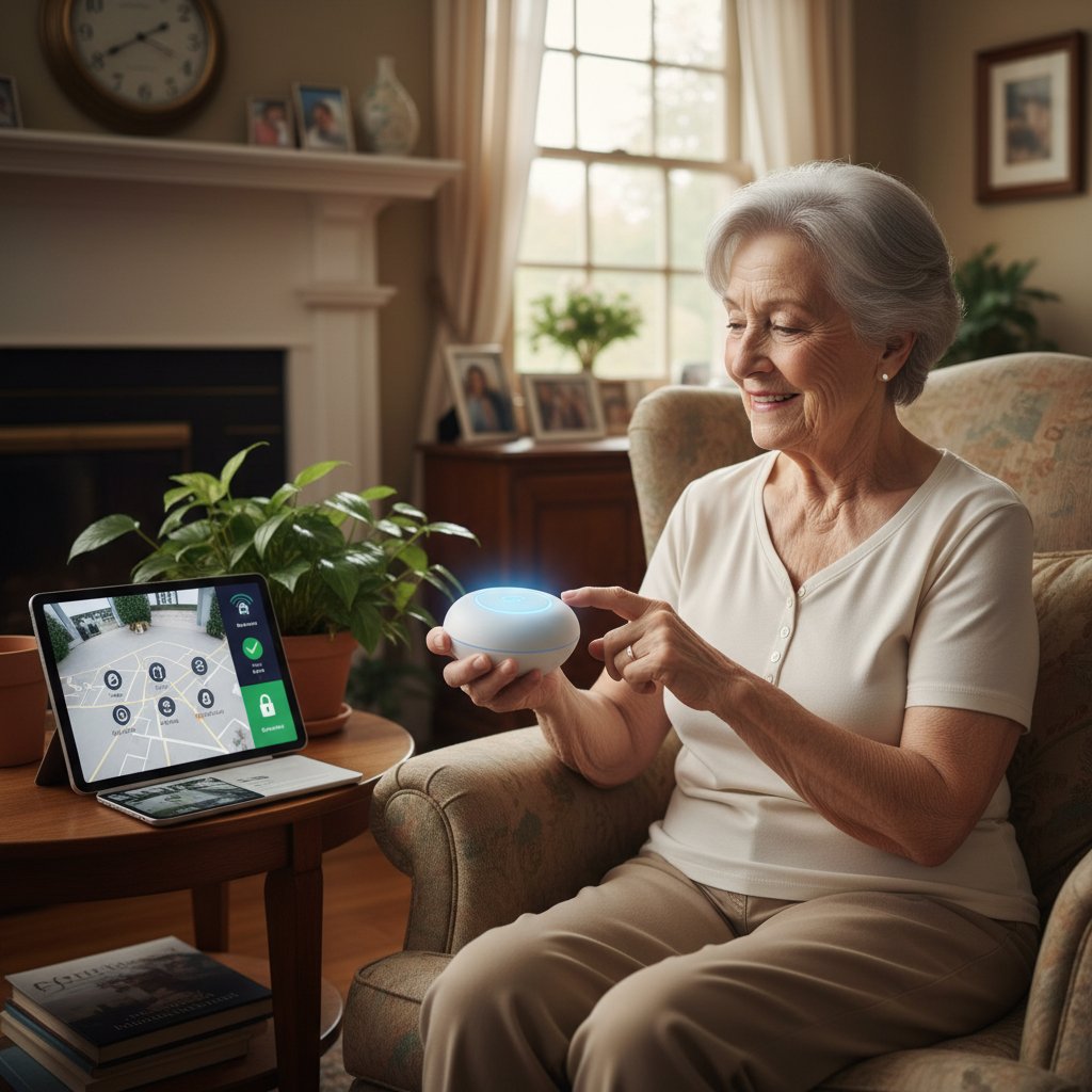 Senior korzystający z asystenta głosowego do konsultacji zdrowotnej, domowe otoczenie, poczucie bezpieczeństwa