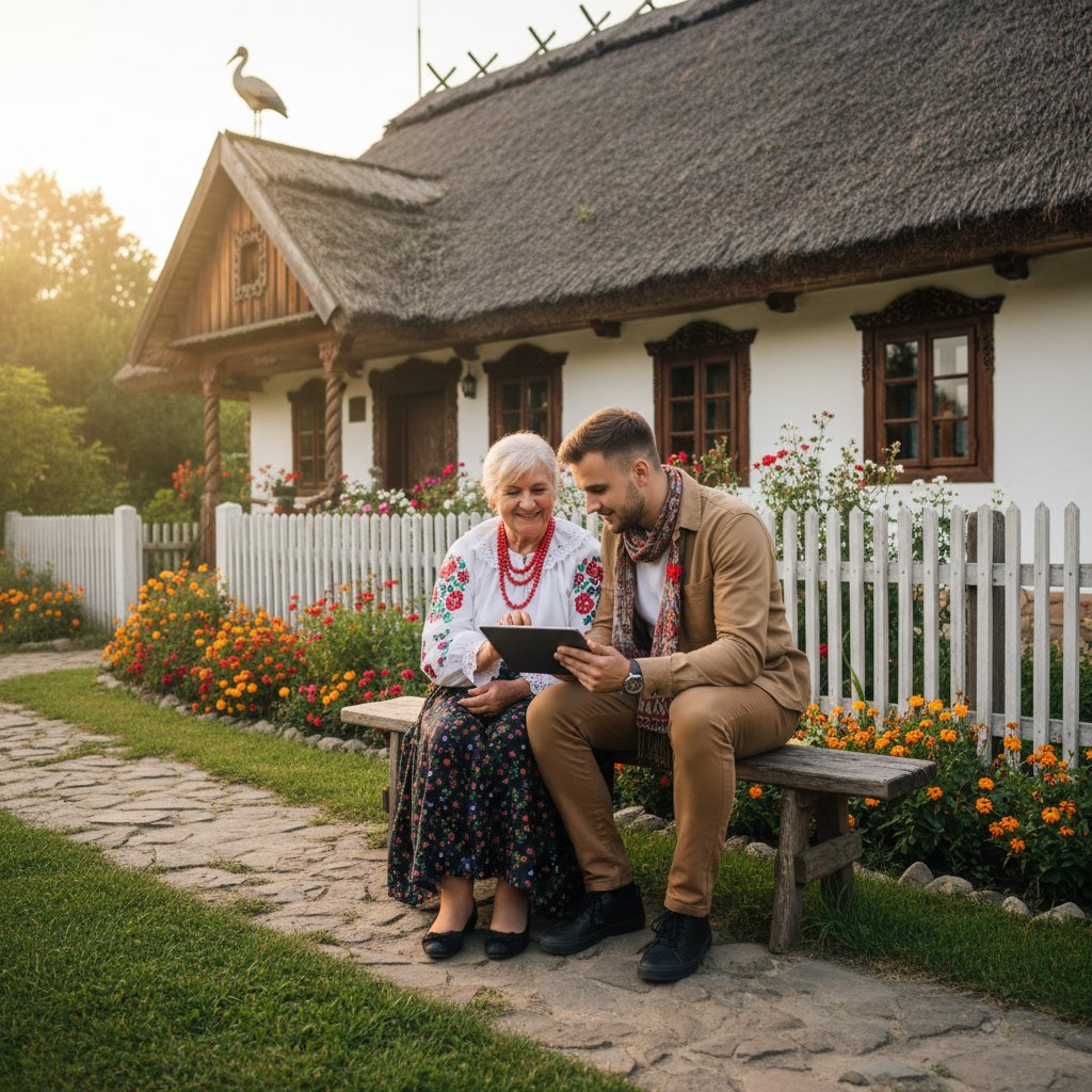 Starsza osoba i młody dorosły wspólnie przeglądający poradnik zdrowotny online na tablecie, scena dzienna, polskie mieszkanie