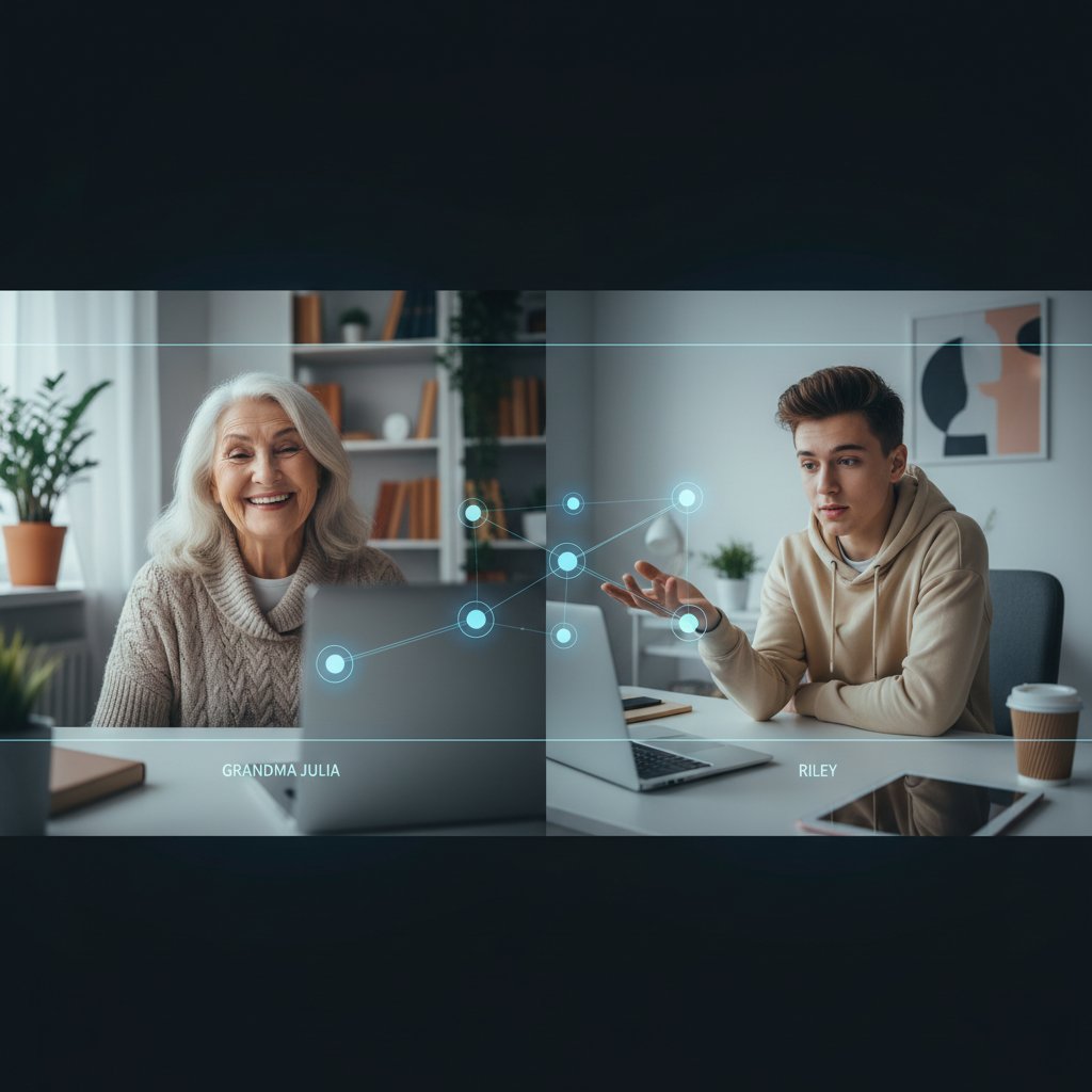 Senior rozmawiający online z młodszą osobą, zdjęcie międzypokoleniowej rozmowy