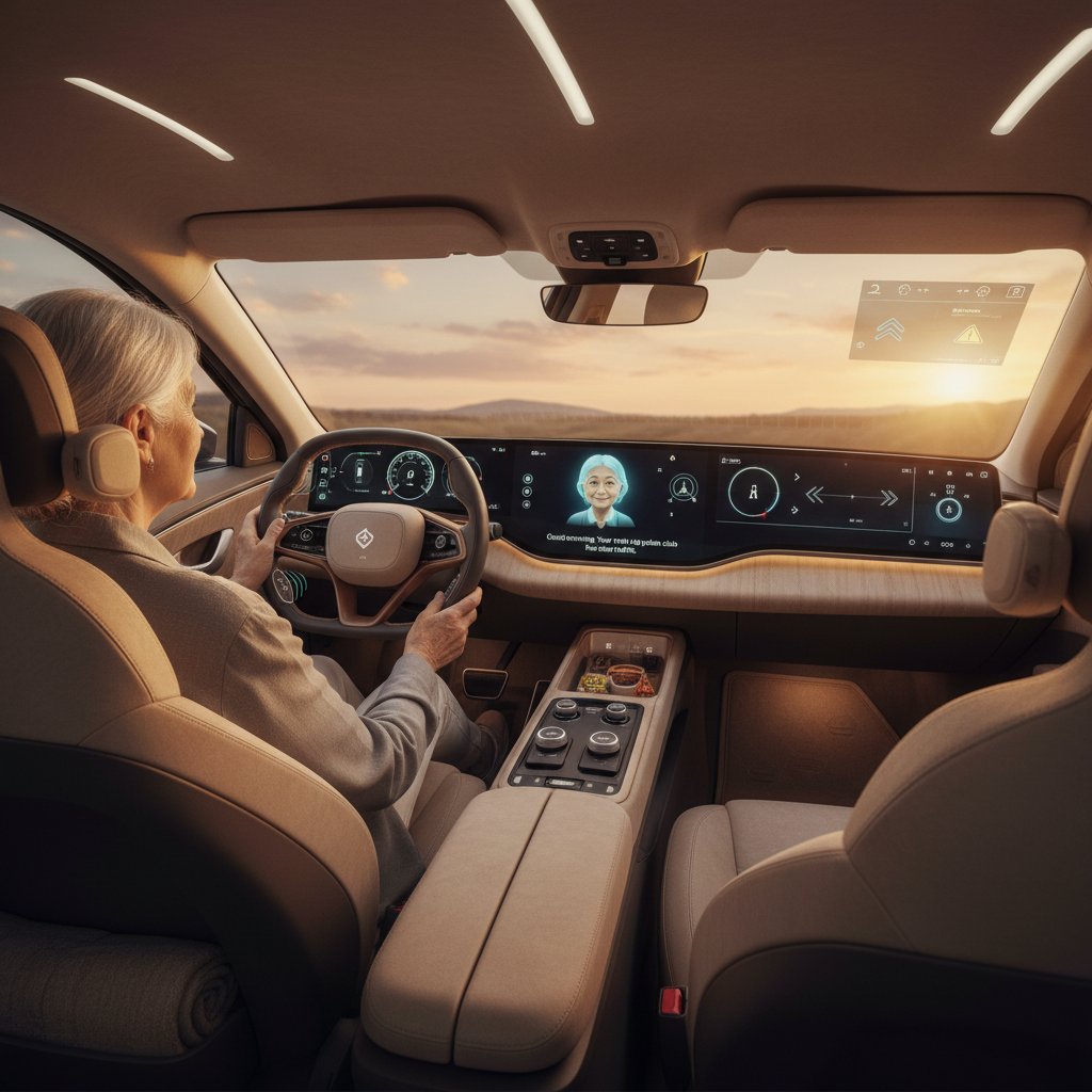 Senior interacting with AI assistant in next-gen car cabin, adaptive lighting, haptic feedback, elderly driver technology