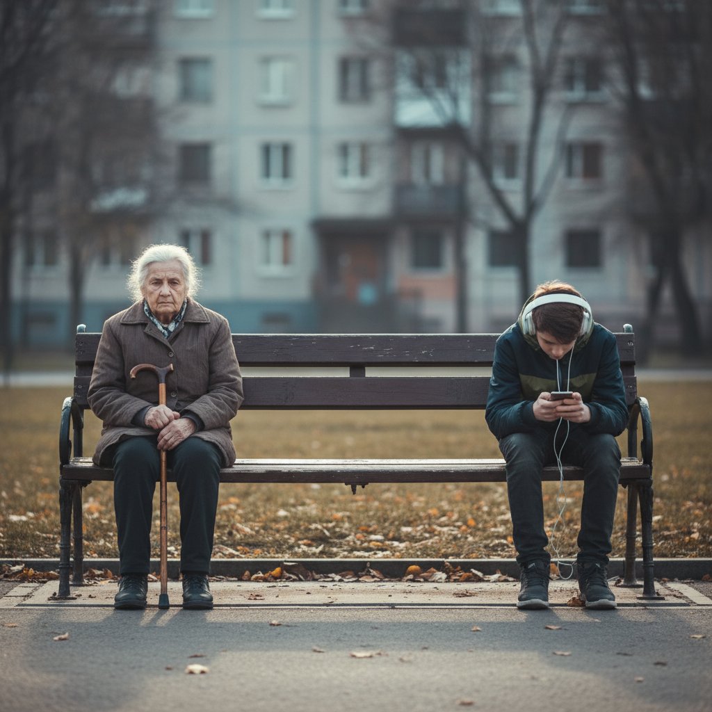 Dwie osoby z różnych pokoleń, każda zamyślona, ukazujące różne oblicza samotności