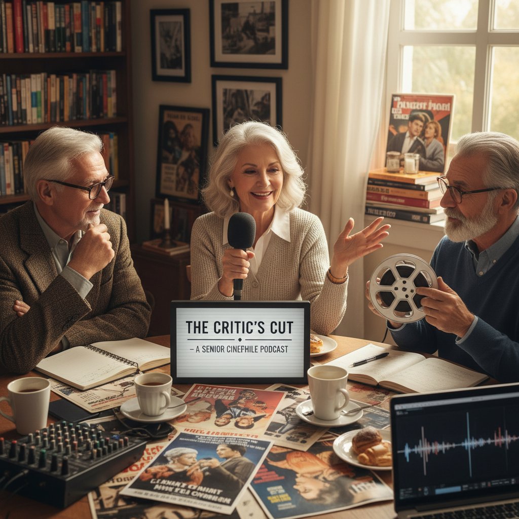 Senior cinephiles debating on a podcast, lively scene, microphones, energetic body language, keywords senior movies, film criticism