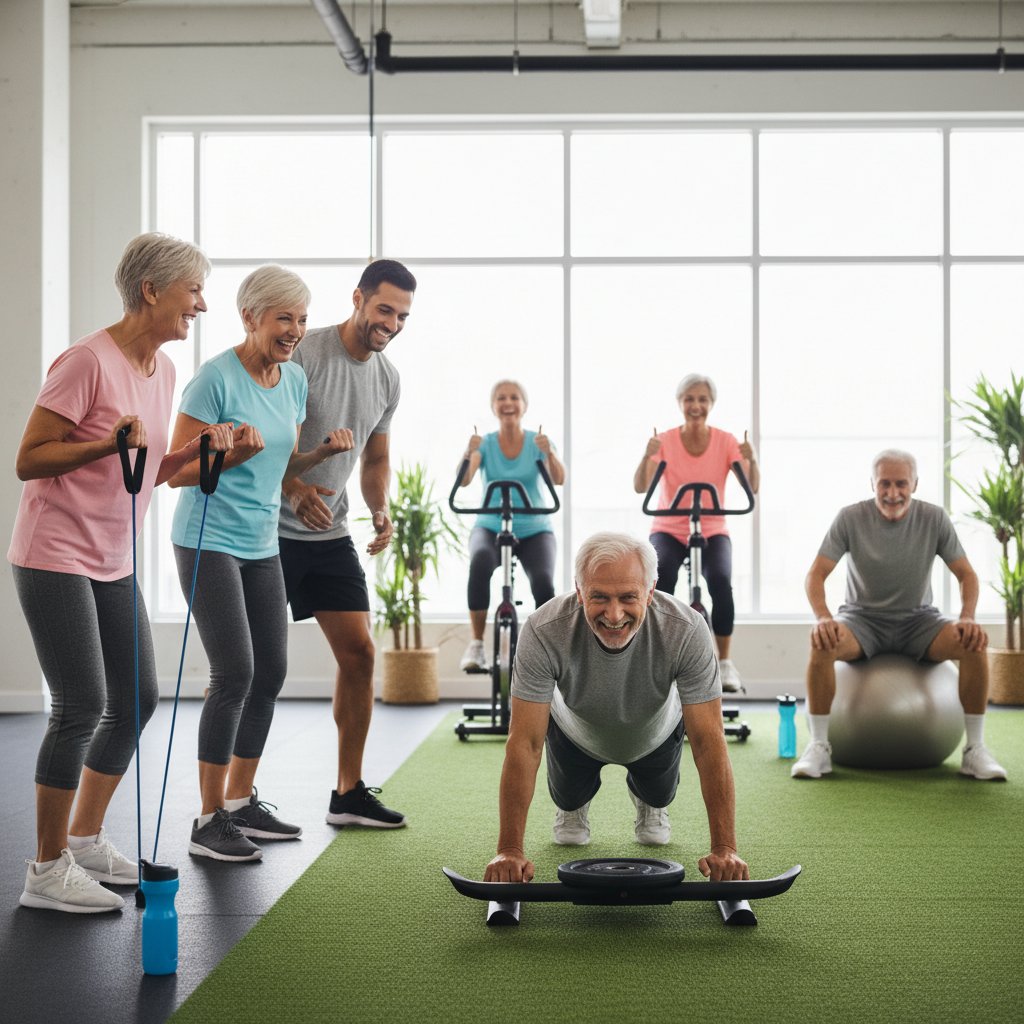 Senior wykonujący łagodne ćwiczenia obwodowe pod okiem trenera, spokojne otoczenie, radość z aktywności