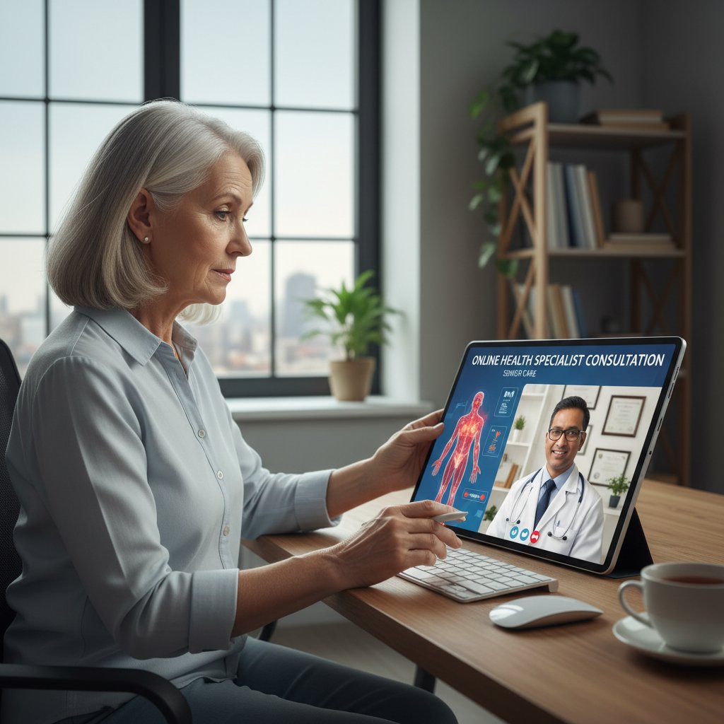 Senior konsultujący objawy zdrowotne online, rozmowa z specjalistą