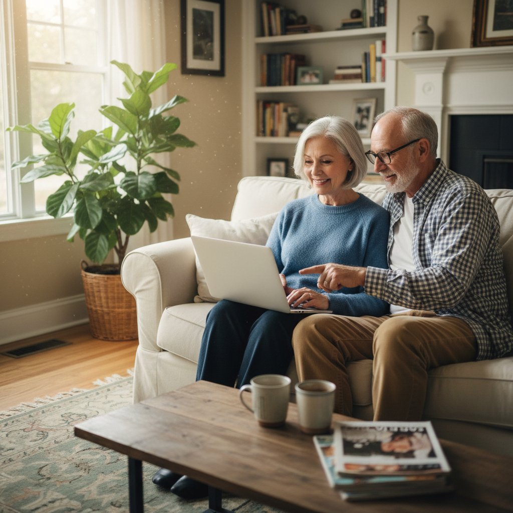 Seniorzy korzystający z internetu na laptopie w domowym salonie, rozmowa online z babcią