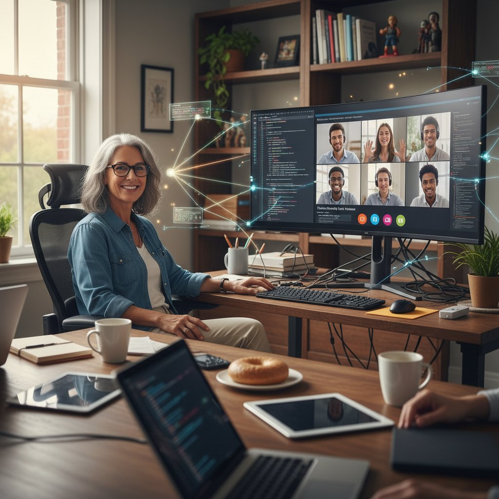 Senior developer prowadząca szkolenie dla zespołu, dynamiczna scena pracy zespołowej online