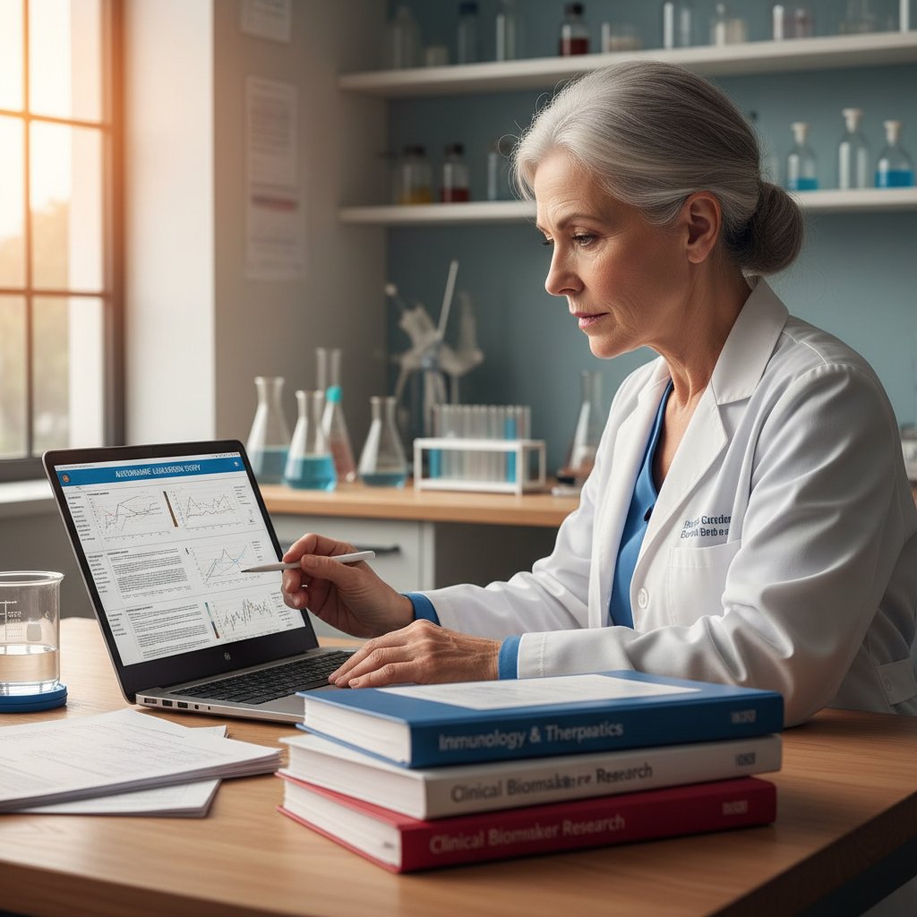 Starszy lekarz przeglądający raporty naukowe na laptopie, symbolizujący weryfikację źródeł