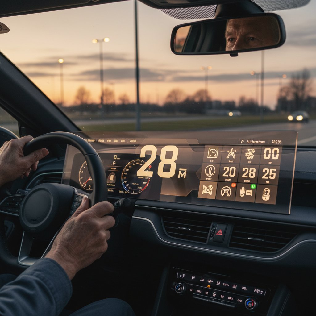 Senior driver with adaptive dashboard lighting at dusk, clear dashboard, visibility for elderly