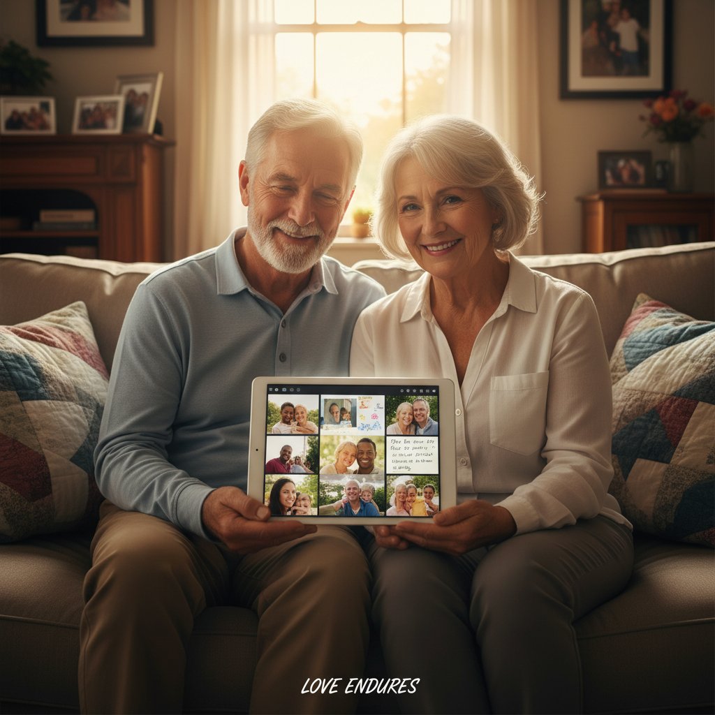 Senior with family, gathered around a tablet, hopeful mood, 16:9. Alt text: Family supporting a senior with digital memorial conversations.