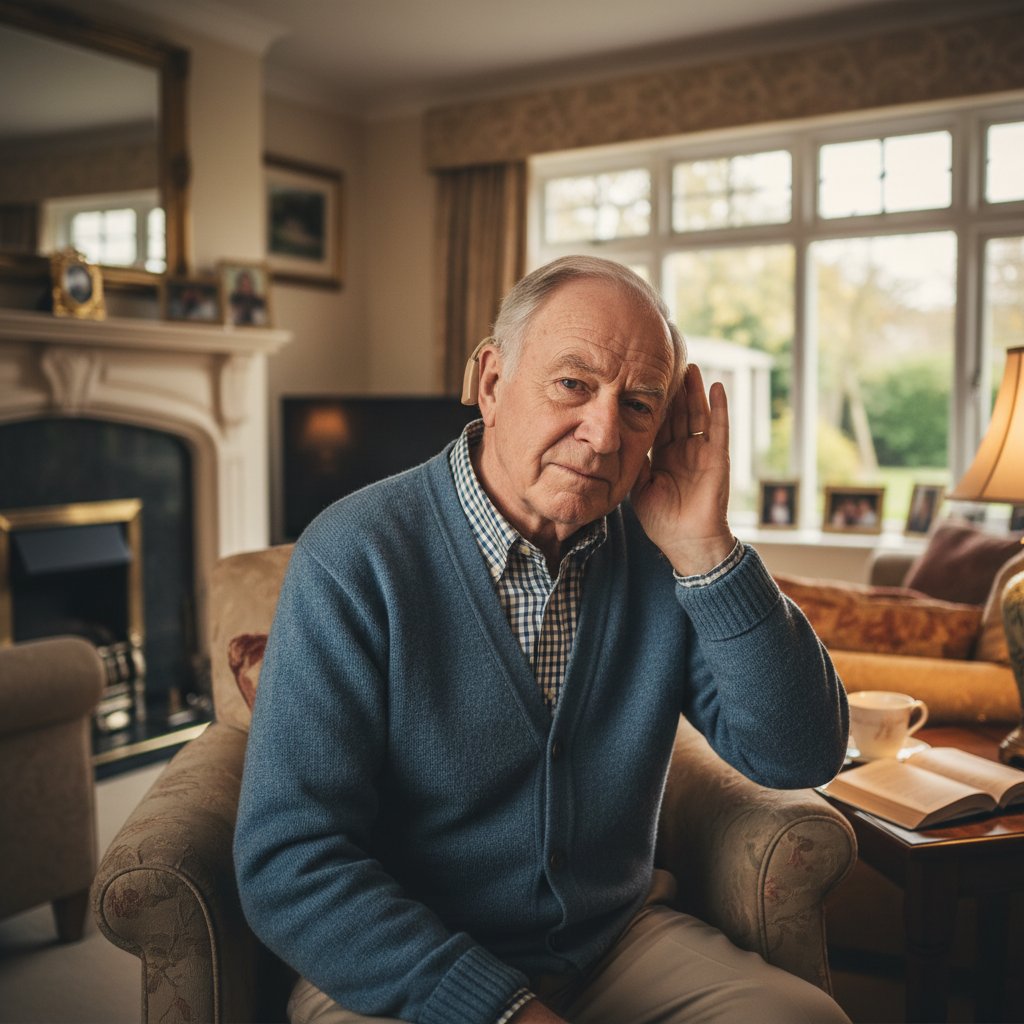 Senior trzymający dłoń przy uchu, próbujący usłyszeć rozmówcę, domowe zacisze