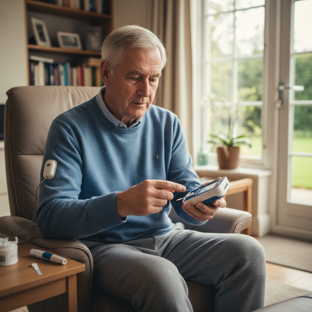 Starszy mężczyzna sprawdza poziom glukozy na nowoczesnym urządzeniu CGM w domu