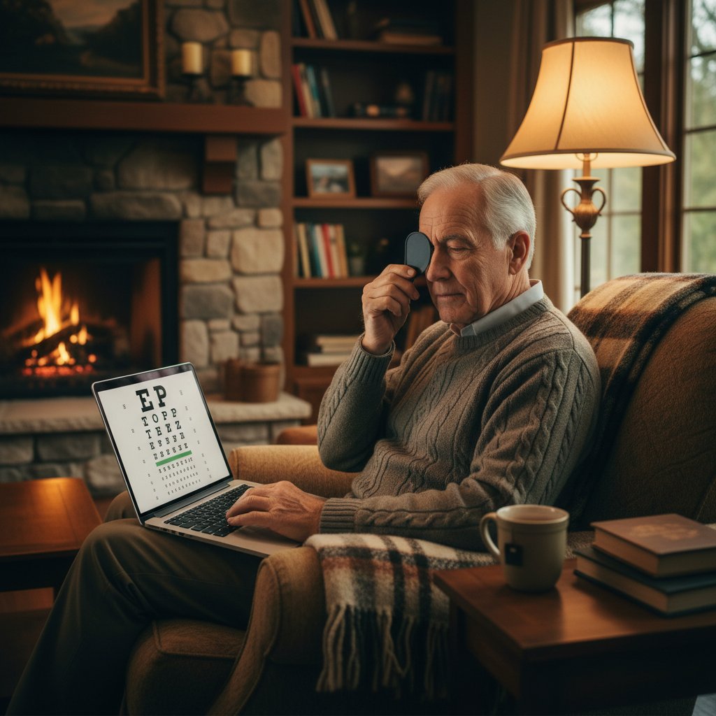 Starszy mężczyzna z laptopem wykonujący test wzroku online w domowym zaciszu