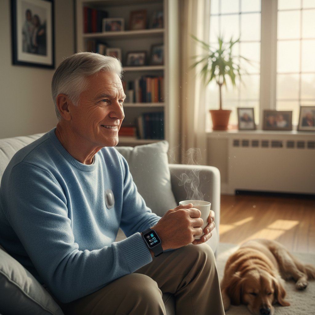 Starszy mężczyzna z rozrusznikiem pokazuje opaskę fitness, domowe otoczenie