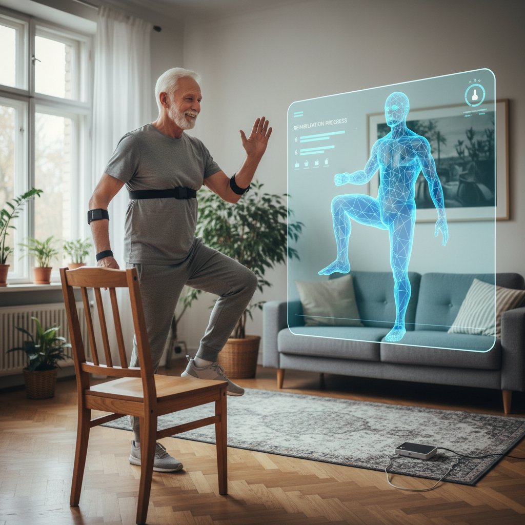 Starszy mężczyzna ćwiczy przed ekranem z awatarem, wirtualna rehabilitacja dla seniorów
