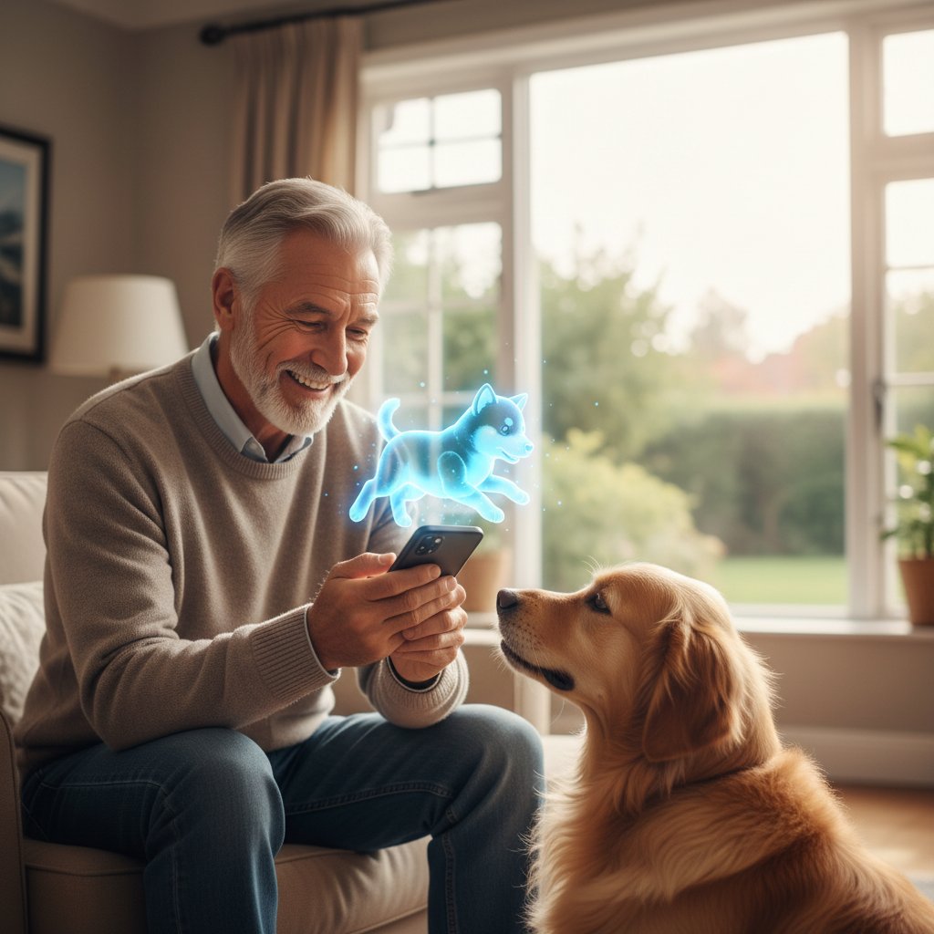 Starszy mężczyzna patrzy z uśmiechem na ekran smartfona – widoczny wirtualny piesek, obok zdjęcie prawdziwego psa
