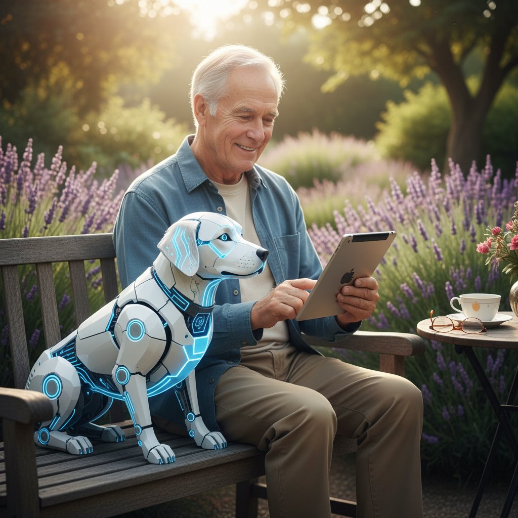 Starszy mężczyzna korzysta z aplikacji pies AI na tablecie, uśmiecha się, atmosfera spokoju