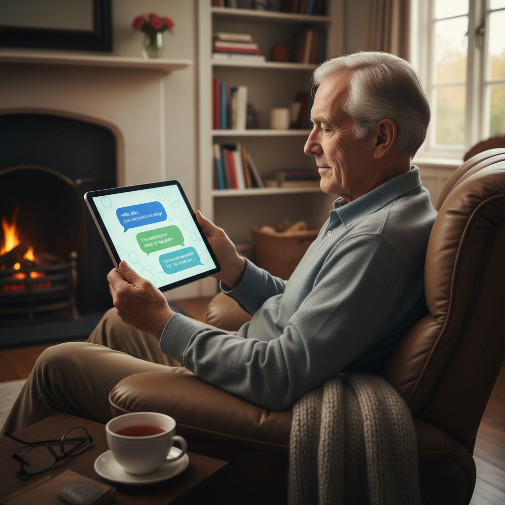 Starszy mężczyzna siedzący z tabletem w domowym fotelu, z uśmiechem prowadzący rozmowę z AI