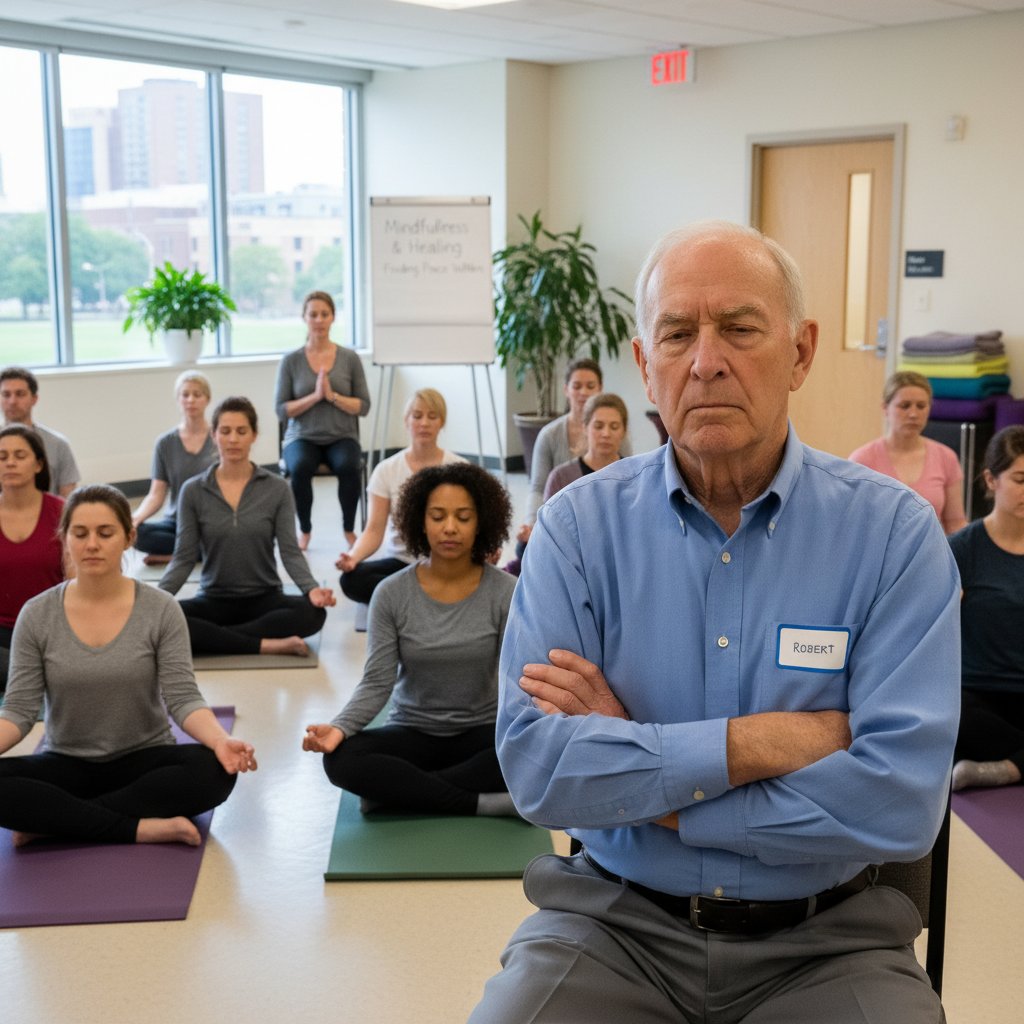 Senior siedzi z dystansem w sali szkoleniowej, obserwując zajęcia z mindfulness