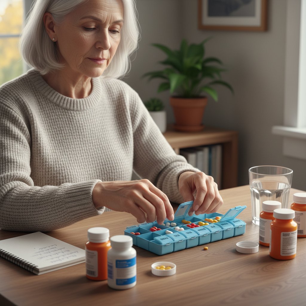 Starsza osoba układająca leki na stole, zbliżenie na dłonie