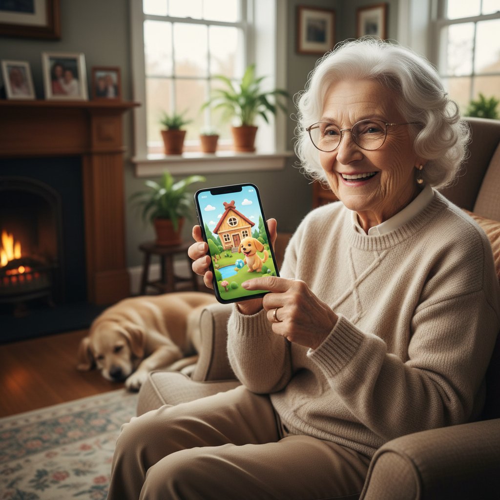 Starsza osoba trzymająca smartfon z wirtualnym pieskiem, uśmiechnięta, w domowym zaciszu