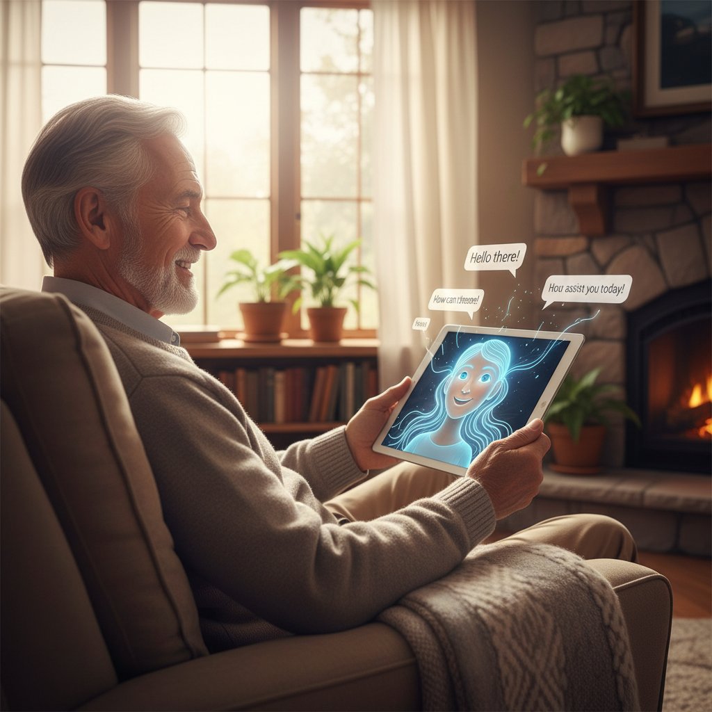 Senior korzystający z tabletu z uśmiechniętym awatarem AI w przytulnym domu
