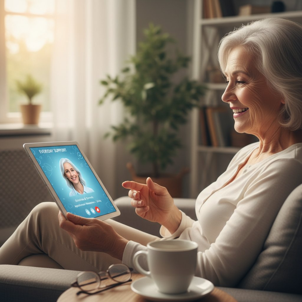 Starsza osoba korzystająca z wirtualnego asystenta na tablecie, wsparcie AI w codziennych czynnościach domowych