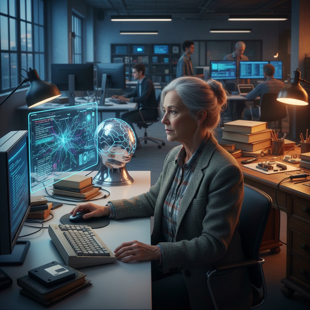 Starszy programista przy komputerze, porównujący narzędzia AI nowej i starej generacji, wyraźna różnica w technologii