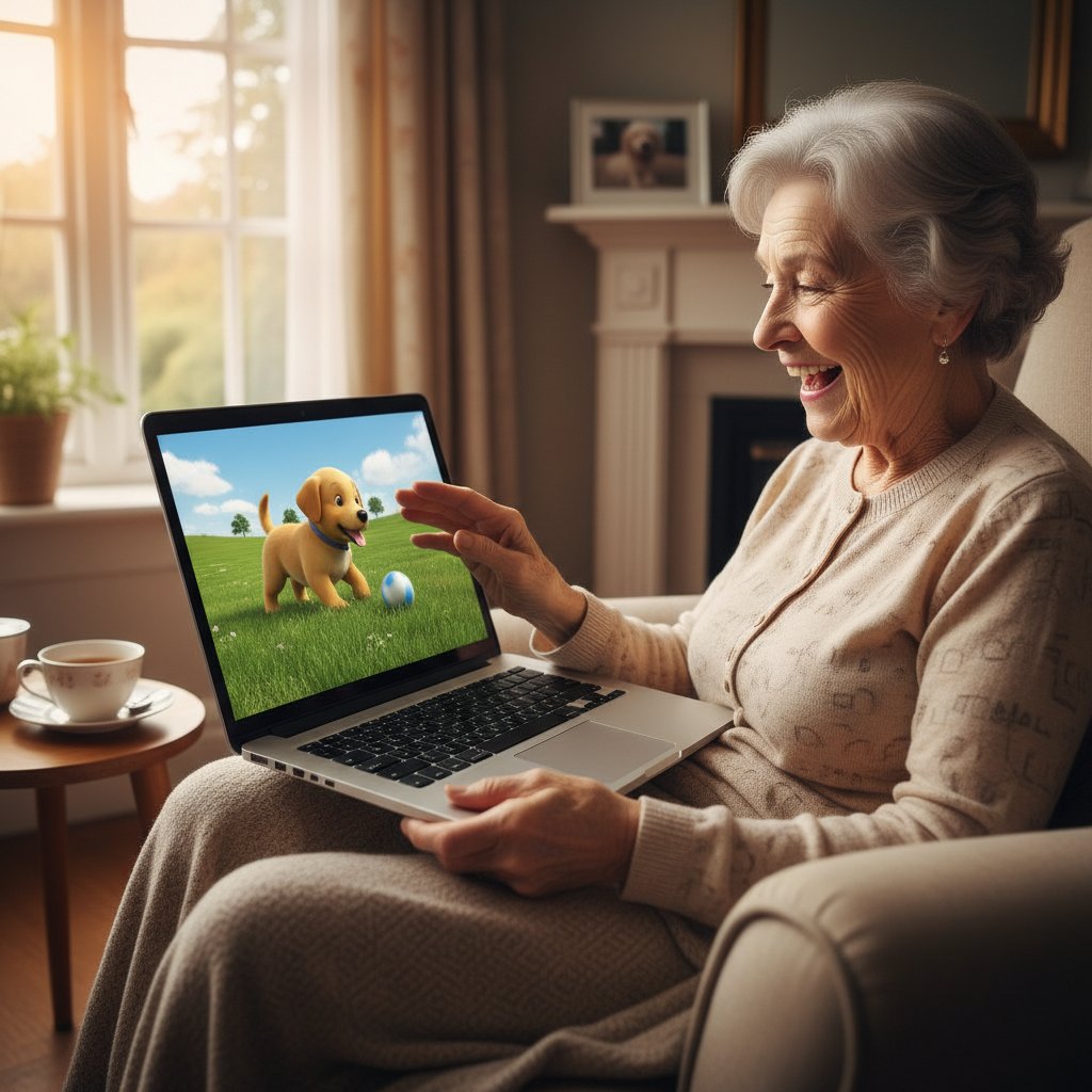 Uśmiechnięta starsza osoba z laptopem, na ekranie wirtualny piesek – ilustracja wsparcia online dla seniorów