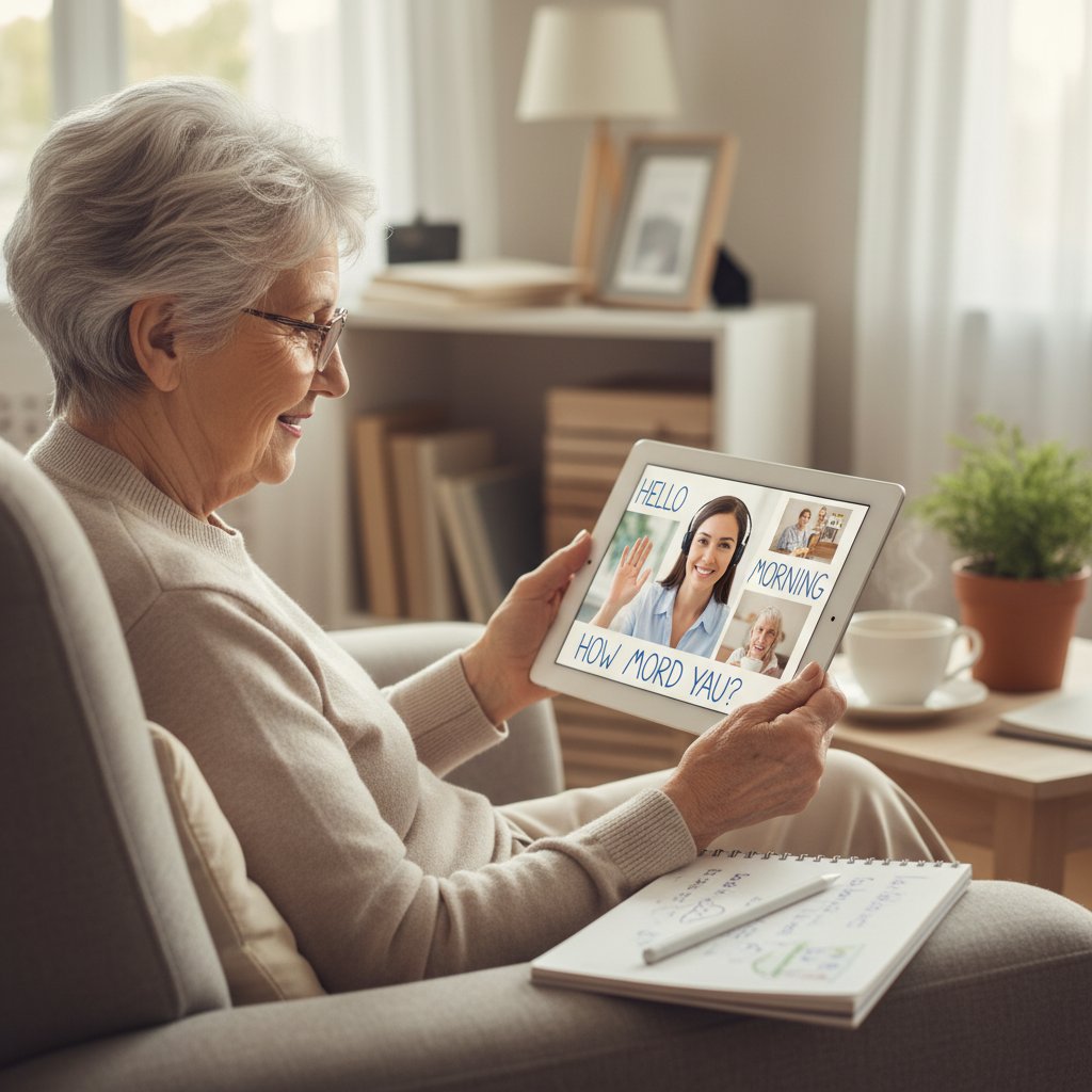 Senior korzystający z tabletu podczas nauki angielskiego online, spokojna atmosfera