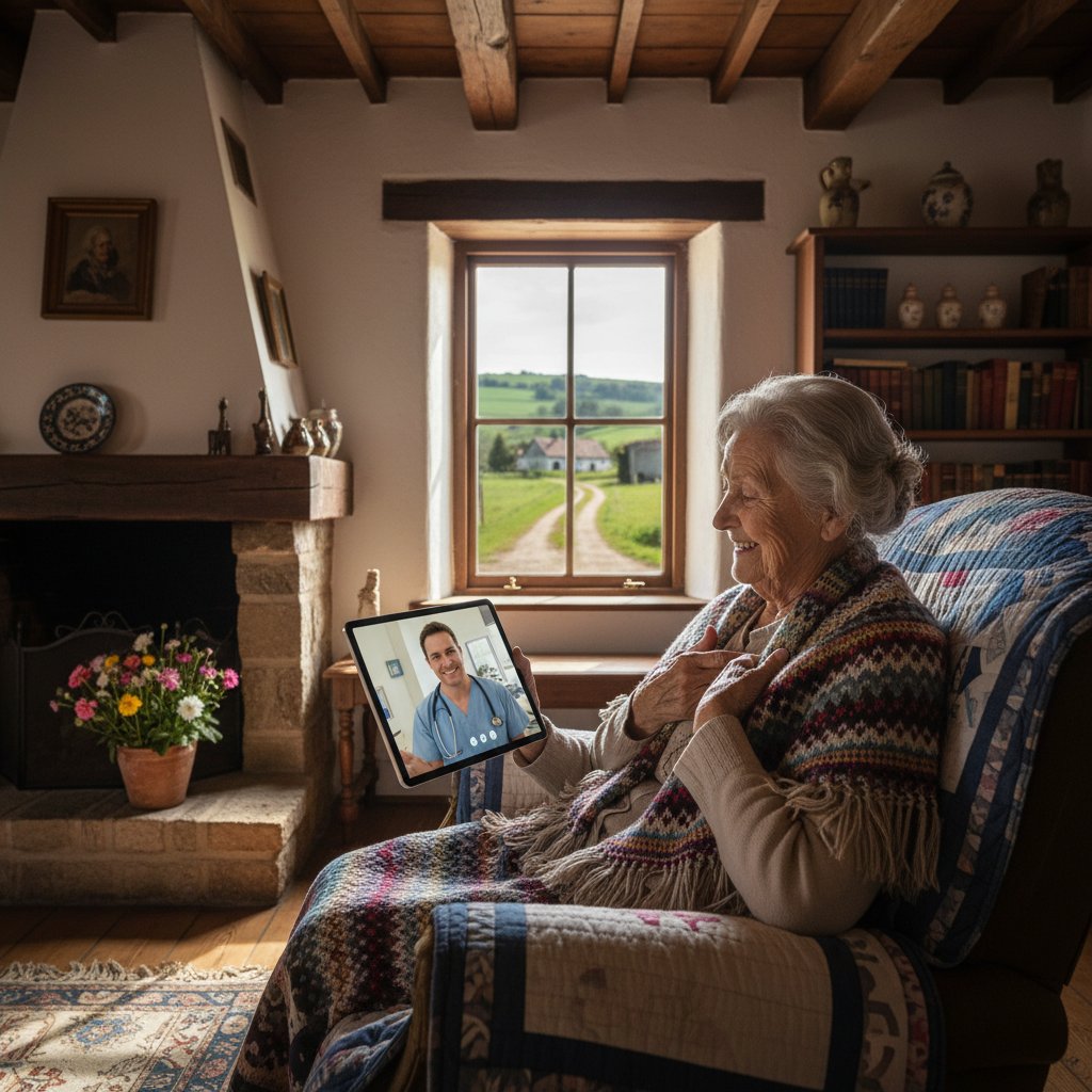 Senior korzystający z tabletu podczas konsultacji medycznej online w zaciszu wiejskiego domu