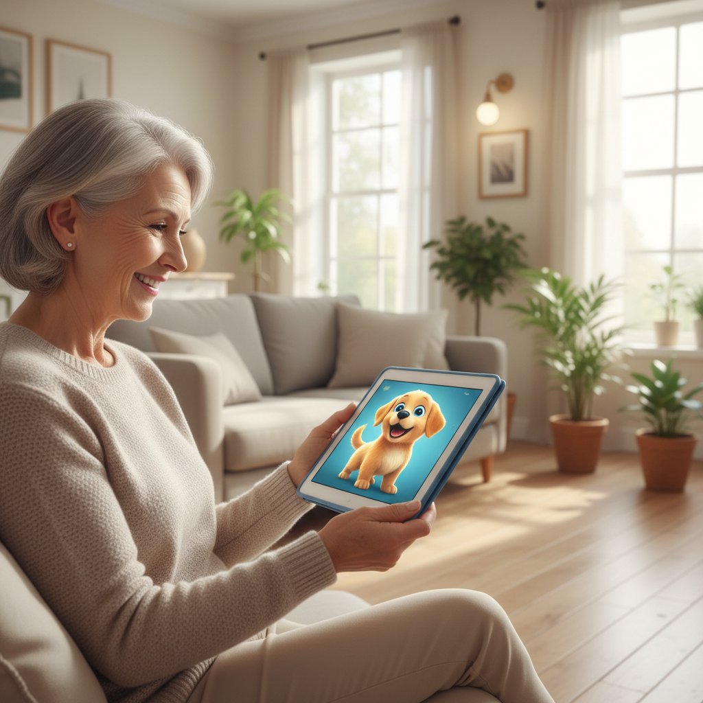 Senior z tabletem, na którym wyświetla się uśmiechnięty wirtualny piesek AI w jasnym, przytulnym wnętrzu