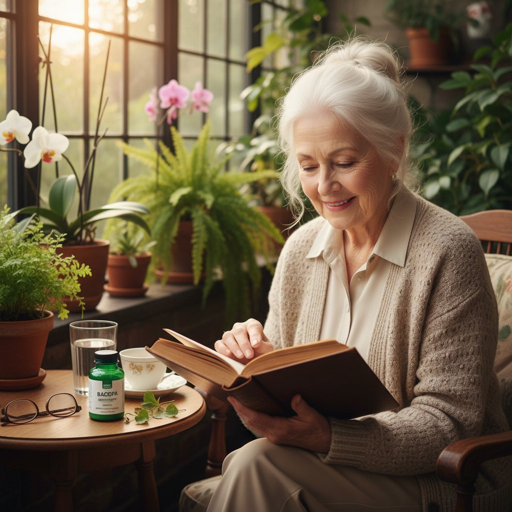 Senior z tabletką bakopy i uśmiechem, czytający książkę przy filiżance herbaty