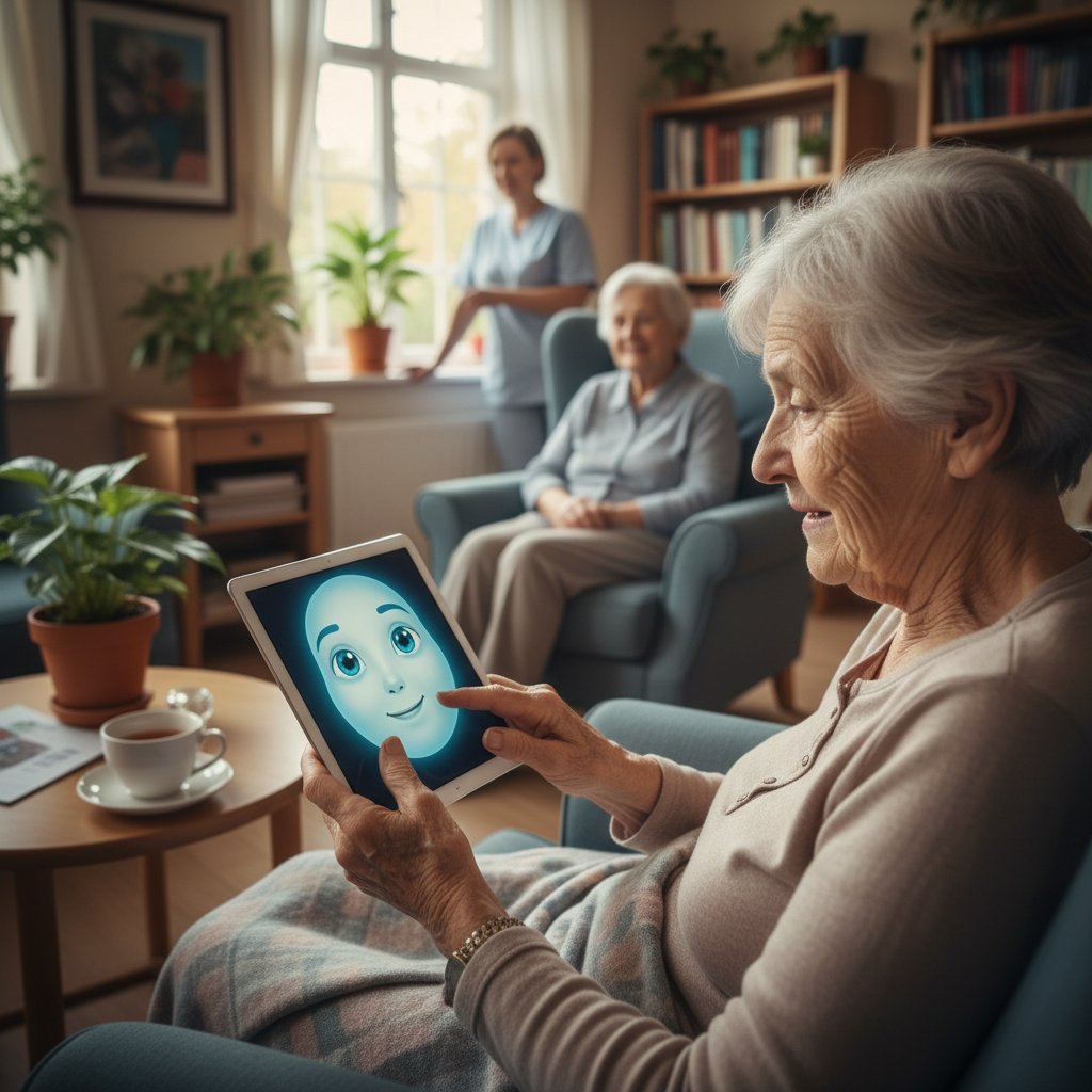 Senior rozmawia z AI w domu opieki, wsparcie emocjonalne, słowa kluczowe: terapia, symulator rozmów