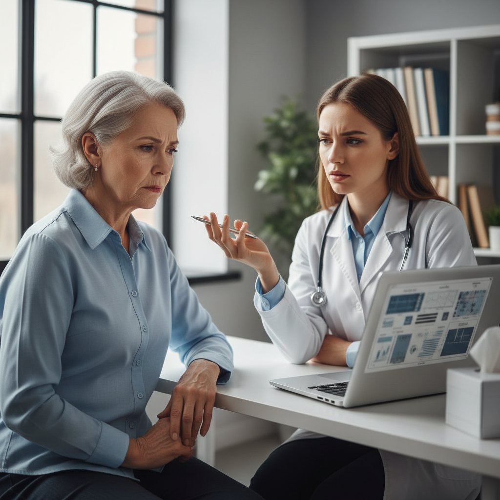 Senior rozmawiający z lekarzem przez laptopa, wyrażający niepewność i dystans