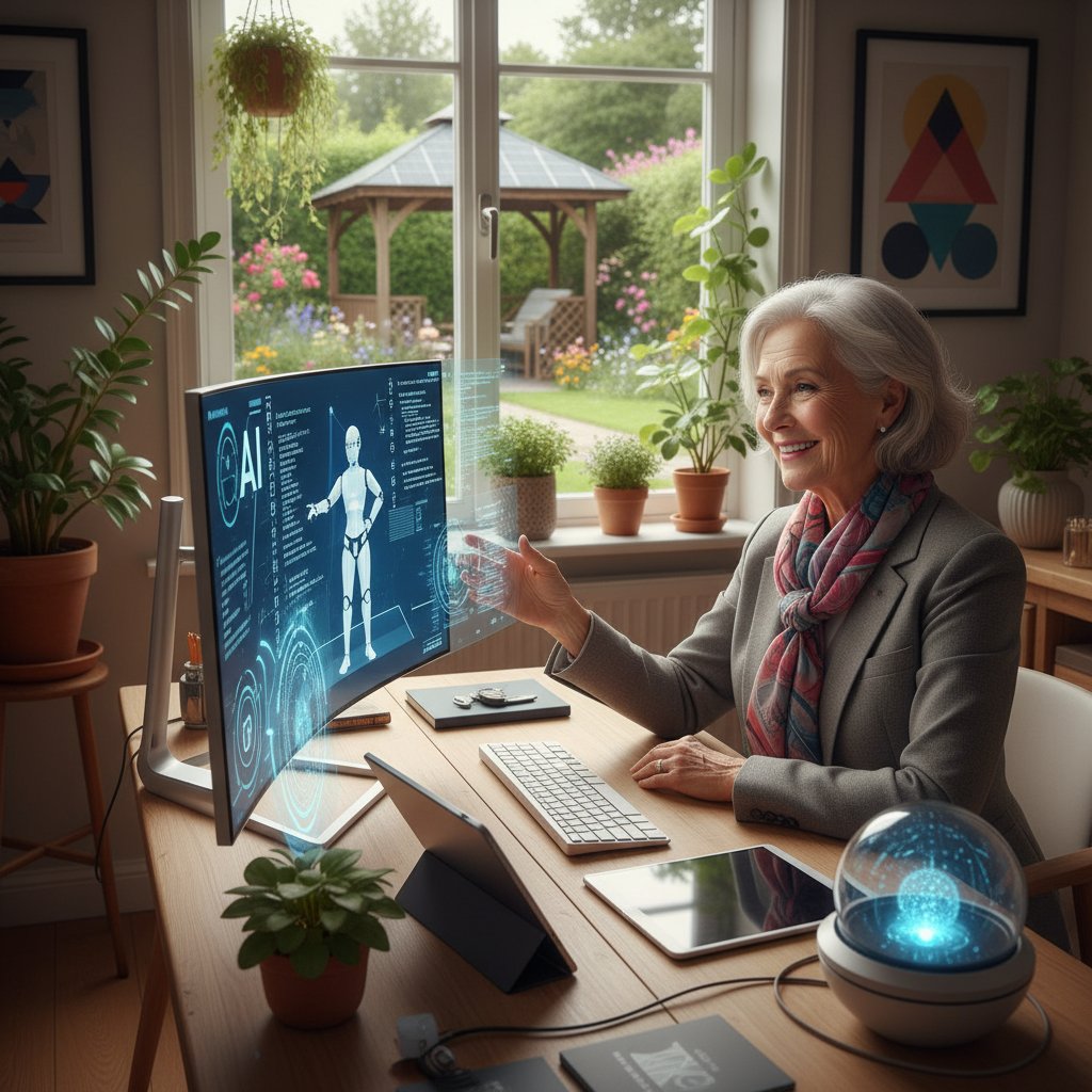 Senior ćwiczący z pomocą wirtualnego trenera AI w domu, uśmiechnięty, technologia