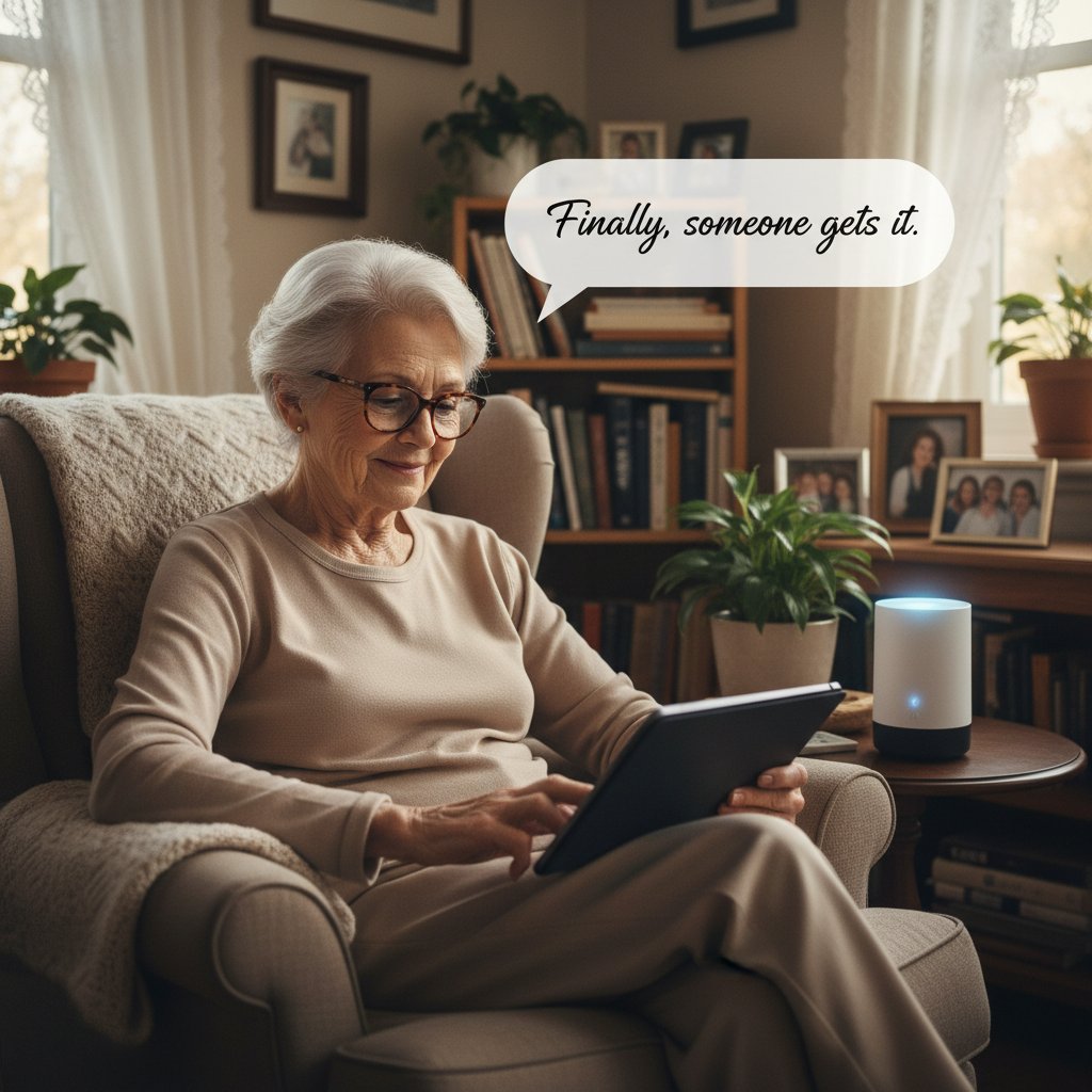 Senior korzystający z asystenta AI w domu, czując się zrozumianym
