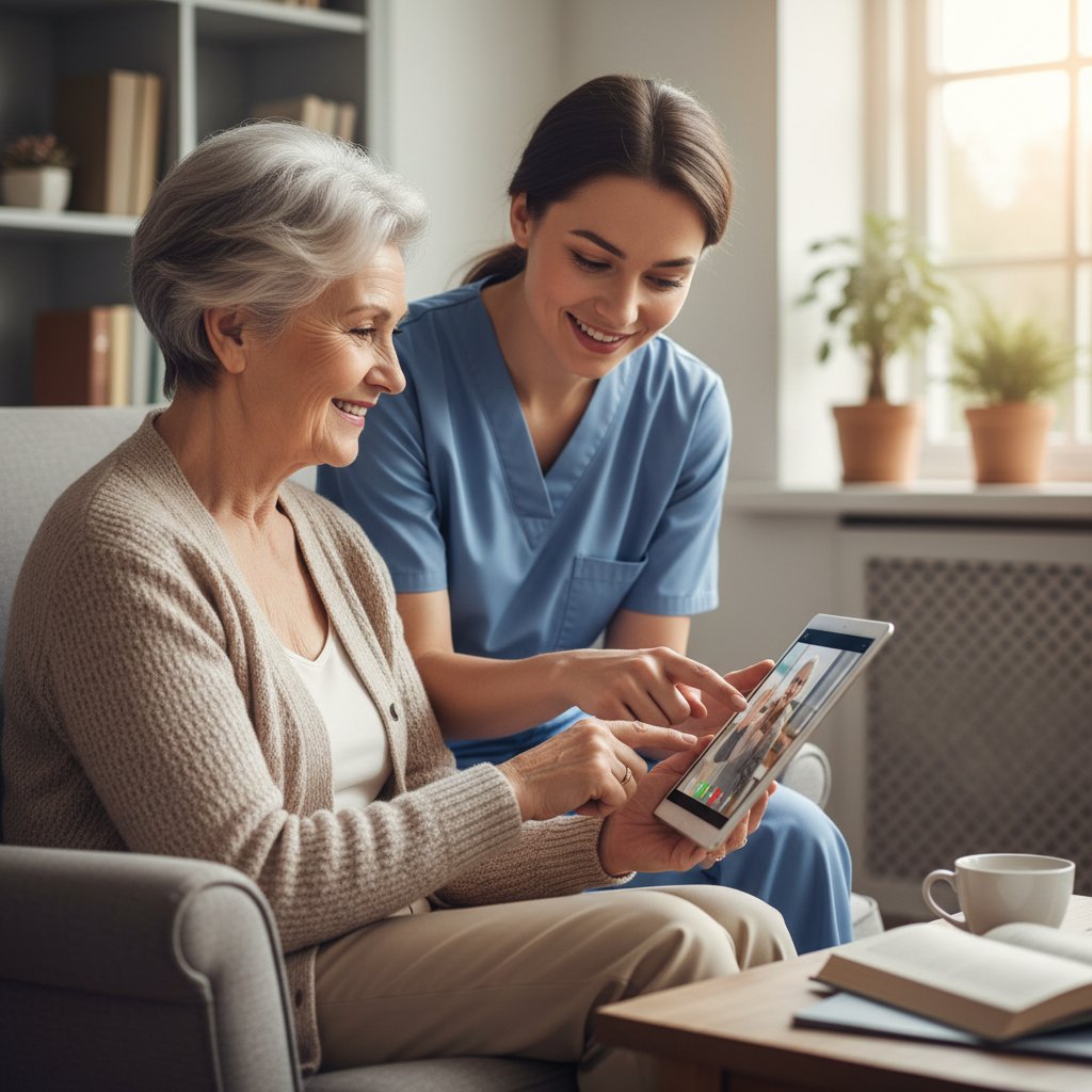 Senior używa tabletu, wsparcie cyfrowe, technologia w opiece
