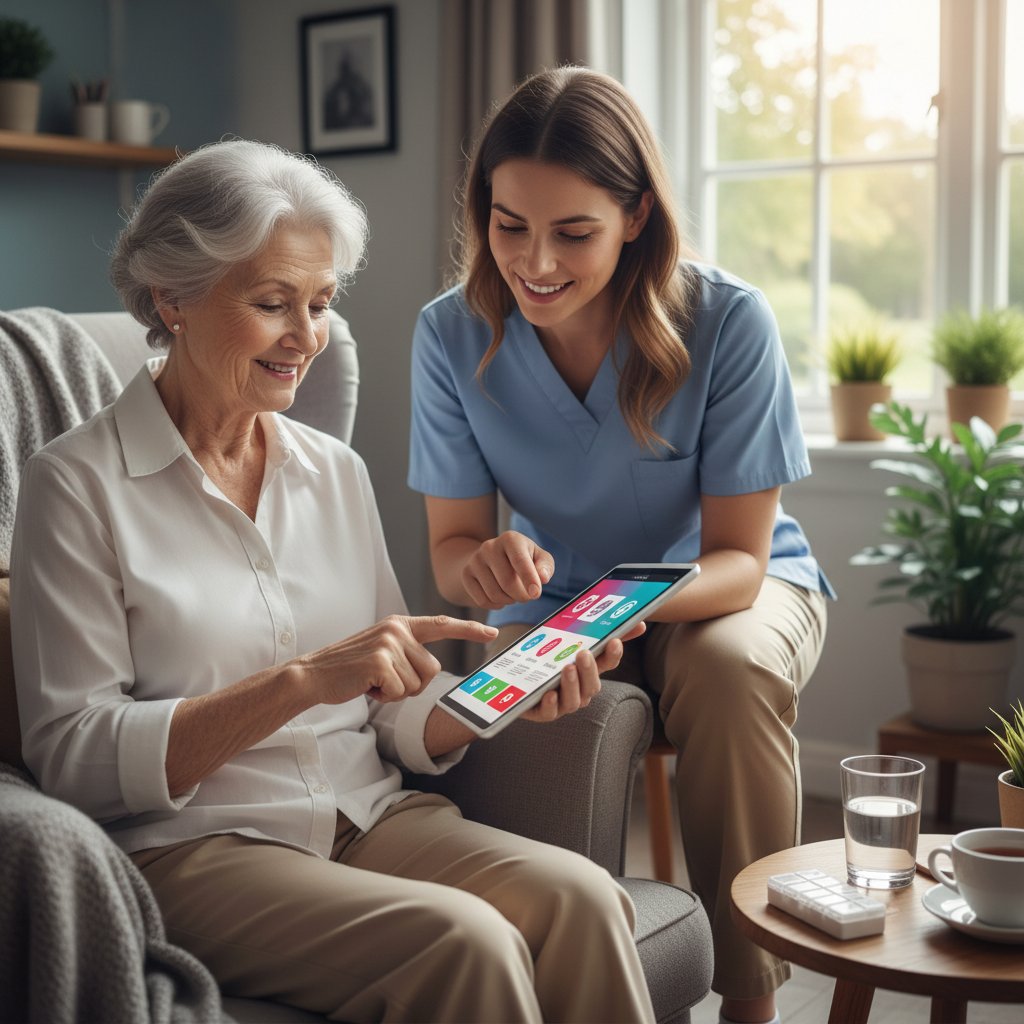 Senior korzystający z tabletu do obsługi asystenta zdrowotnego