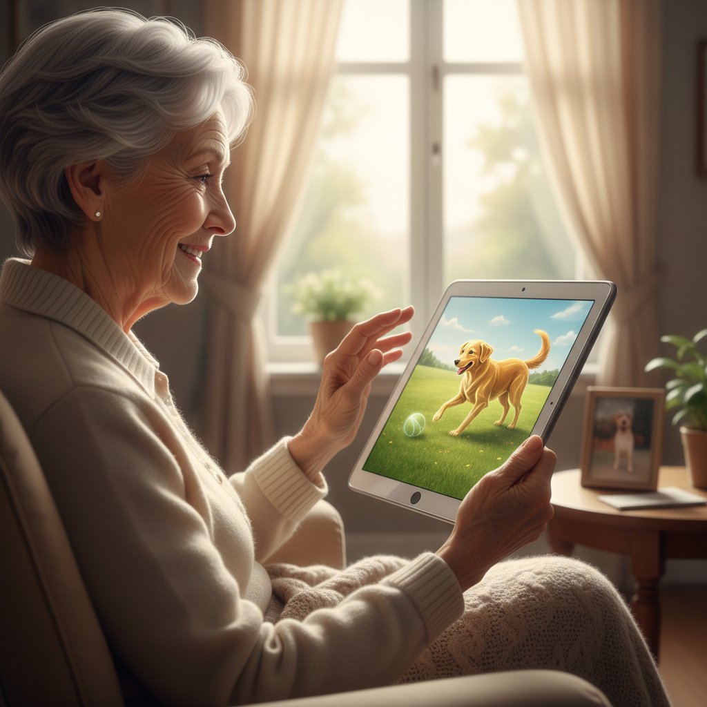 Senior korzystający z tabletu, na ekranie wirtualny pies, wyraz emocji i refleksji