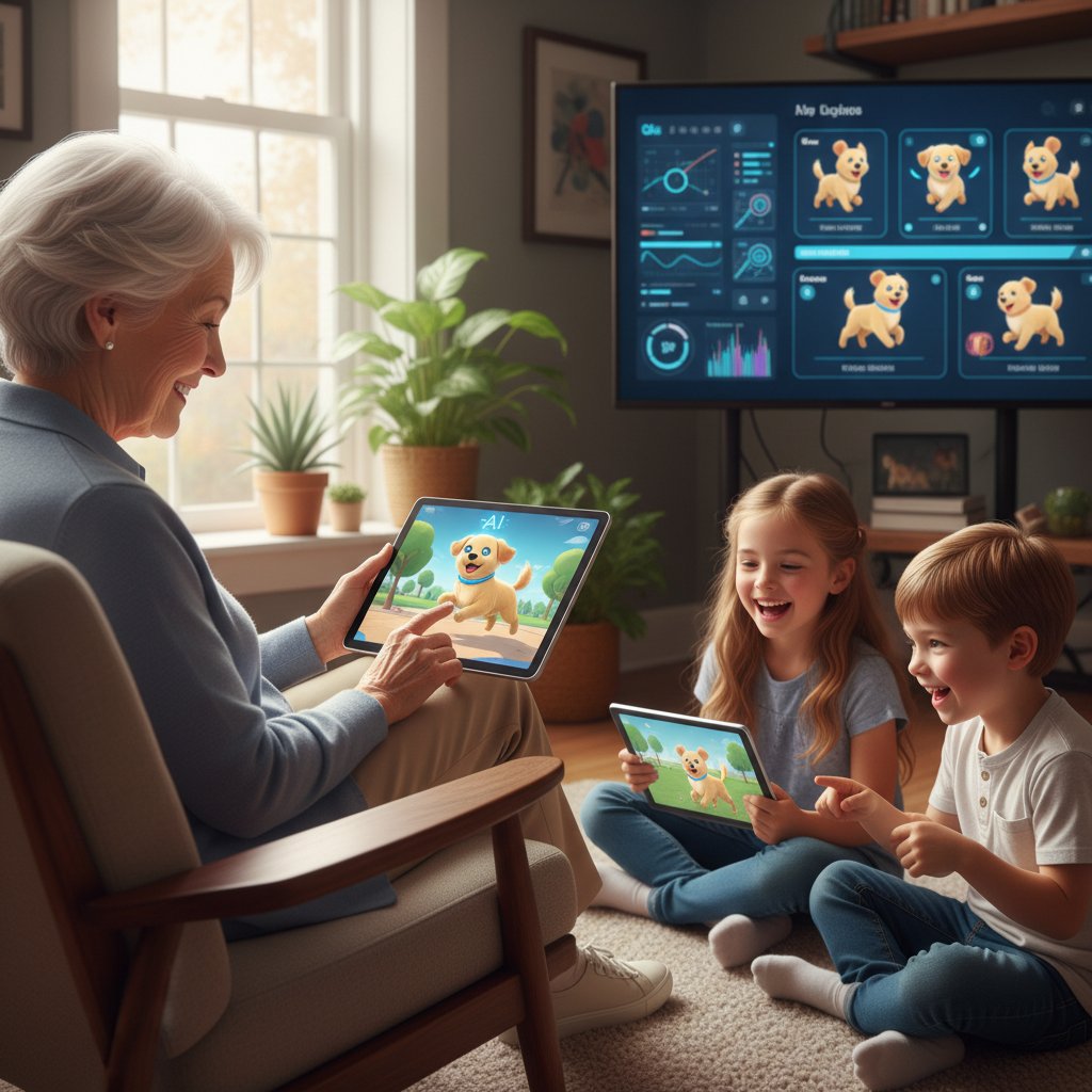 Senior z cyfrowym psem na tablecie, dzieci bawiące się aplikacją AI dog