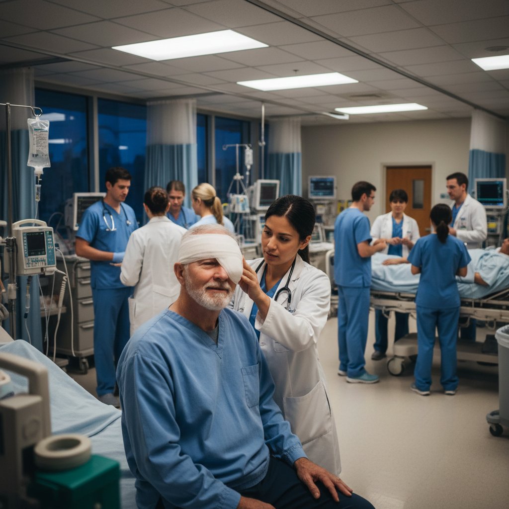 Zdjęcie starszej osoby z zabandażowaną głową na izbie przyjęć, personel medyczny w tle